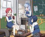  3girls ahoge blue_eyes blue_hair blush board_eraser chair chalkboard chimame-tai classroom collarbone cooking food gochuumon_wa_usagi_desu_ka? grey_scarf grilling hair_ornament hair_scrunchie holding holding_food jouga_maya kafuu_chino kafuu_chino&#039;s_school_uniform kneehighs long_sleeves marshmallow mohei multiple_girls natsu_megumi open_mouth red_eyes redhead roasted_sweet_potato scarf school_uniform scrunchie shoes sitting smile snowing socks standing sweet_potato tree twint white_socks window x_hair_ornament 