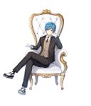  1boy armchair black_jacket black_necktie black_pants black_socks blue_eyes blue_hair brown_vest chair closed_mouth closers collared_shirt crossed_legs elbow_rest full_body gloves hands_up head_rest highres jacket looking_at_viewer male_focus nata_(closers) necktie official_art on_chair outstretched_hand oxfords pants shirt short_hair sitting smile socks solo suit swept_bangs tachi-e v-shaped_eyebrows vest white_background white_footwear white_gloves white_shirt 