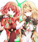  2girls armor black_gloves blonde_hair blush breasts chest_jewel closed_mouth commentary_request core_crystal_(xenoblade) covered_navel dress earrings fingerless_gloves gloves heart heart_hands highres jewelry locked_arms long_hair long_sleeves looking_at_viewer medium_breasts multiple_girls mythra_(xenoblade) pauldrons pyra_(xenoblade) red_dress redhead short_hair short_sleeves shoulder_armor smile swept_bangs tiara ui_frara white_dress xenoblade_chronicles_(series) xenoblade_chronicles_2 