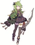  1girl bow_(weapon) brown_dress cape collei_(genshin_impact) do_m_kaeru doll dress full_body genshin_impact green_cape green_eyes hair_ornament hairclip holding holding_bow_(weapon) holding_doll holding_weapon long_hair looking_at_another solo thigh-highs thighlet toeless_footwear weapon white_background 