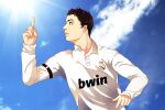  1boy closed_mouth clouds cloudy_sky cristiano_ronaldo day finger_gun hand_up hrsaky long_sleeves outdoors real_life real_madrid short_hair sky soccer soccer_uniform solo solo_focus sportswear uniform 