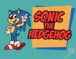  1boy angelbee623 animal_ears animal_nose blue_background blue_fur english_commentary english_text furry furry_male gloves hanna-barbera hedgehog_boy logo looking_at_viewer male_focus open_mouth parody red_footwear shoes signature simple_background smile solo sonic_(series) sonic_the_hedgehog standing style_parody tail toon_(style) white_gloves 