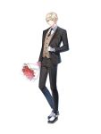  1boy black_jacket black_necktie black_pants black_socks blonde_hair bouquet bow brown_vest closed_mouth closers collared_shirt flower full_body gloves highres holding holding_bouquet jacket jacket_tug looking_at_viewer necktie official_art oxfords pants pink_bow red_eyes red_flower red_rose rose shirt short_hair socks solo standing suit tachi-e v-shaped_eyebrows vest white_background white_footwear white_gloves white_shirt wolfgang_schneider 