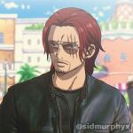 1boy artist_name black_jacket closed_mouth facial_hair highres jacket looking_to_the_side male_focus one_piece one_piece_(live_action) outdoors redhead scar scar_across_eye scar_on_face shanks_(one_piece) short_hair sidmurphyx solo solo_focus sunglasses