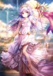  1girl absurdres alternate_costume angel angel_beats! angel_wings arm_at_side barefoot blue_sky blush breasts clouds column commentary day dress expressionless eyelashes eyes_visible_through_hair feathered_wings feet floating_hair frilled_dress frills full_body glint goto_p grey_hair highres holding holding_staff light_rays long_dress long_hair looking_at_viewer midair outdoors parted_bangs parted_lips pillar scan scepter sidelocks sky small_breasts solo staff sunbeam sunlight tachibana_kanade tiara toes wand white_dress white_wings wings yellow_eyes 