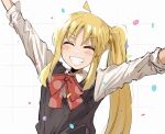  1girl ^_^ ahoge arms_up blonde_hair blush bocchi_the_rock! bow bowtie closed_eyes collared_shirt confetti detached_ahoge facing_viewer grey_vest grin happy ijichi_nijika long_hair long_sleeves open_mouth outstretched_arms red_bow red_bowtie shirt shizune_(sznxb) side_ponytail sidelocks smile solo teeth upper_body vest white_background white_shirt 