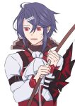  1boy alcryst_(fire_emblem) ascot bow_(weapon) fire_emblem fire_emblem_engage hair_between_eyes holding holding_bow_(weapon) holding_weapon long_sleeves looking_to_the_side male_focus purple_hair red_eyes rice_(rlce229) short_hair solo sweatdrop upper_body wavy_mouth weapon white_ascot white_background 