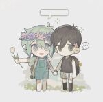  ... 2boys barefoot basil_(omori) black_eyes black_hair black_socks blackwh01396023 blue_overalls chibi colored_skin expressionless flower green_eyes green_hair hair_flower hair_ornament head_wreath highres holding holding_flower looking_at_viewer multiple_boys omori omori_(omori) overall_shorts overalls shirt short_hair short_sleeves socks speech_bubble spoken_ellipsis tank_top watch watch white_skin 