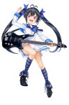  1girl ahoge arm_up bass_guitar black_hair blue_bow blue_ribbon blue_sailor_collar bow breasts dress hakobe_naru highres holding holding_instrument instrument irodorimidori kneehighs leg_up long_hair long_sleeves looking_at_viewer medium_breasts official_art open_mouth plectrum red_eyes ribbon sailor_collar sailor_dress smile socks solo striped striped_socks transparent_background twintails v-shaped_eyebrows very_long_hair 