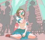  1girl absurdres blue_skirt botaso_(t4s0) breasts brown_eyes brown_footwear brown_hair cityscape collarbone colored_inner_hair commentary gas_cylinder gas_mask green_hair highres limited_palette looking_at_viewer mask medium_hair midriff_peek multicolored_hair navel neckerchief on_ground original people pink_neckerchief pleated_skirt school_uniform serafuku shadow shirt short_sleeves silhouette sitting skirt small_breasts socks solo_focus wariza white_shirt white_socks 