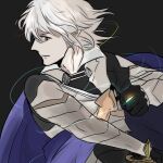  1boy blue_cape cape collared_shirt corrin_(fire_emblem) corrin_(male)_(fire_emblem) fire_emblem fire_emblem_fates highres looking_at_viewer male_focus medium_hair pointy_ears pointy_nose red_eyes sarasoujyu shirt sidelocks solo upper_body white_hair 