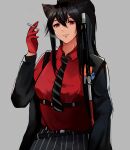  1girl absurdres animal_ears arknights black_hair black_necktie black_shorts cat_ears cigarette collared_shirt dress_shirt formal grey_background hair_between_eyes highres holding holding_cigarette jacket long_sleeves looking_at_viewer necktie official_alternate_costume ponytail red_eyes red_shirt self-upload shadowcero shirt shorts sidelocks simple_background smoking solo suit_jacket texas_(arknights) texas_(willpower)_(arknights) wolf_ears wolf_girl 