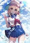  1girl blonde_hair blue_sailor_collar blue_skirt darumoon food_in_mouth gensokyo hair_ribbon highres medium_hair midriff_peek moriya_suwako navel neckerchief pleated_skirt popsicle_in_mouth red_ribbon ribbon sailor_collar school_uniform serafuku shirt short_sleeves skirt solo thigh-highs touhou v white_shirt yellow_eyes 