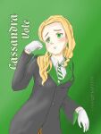  blonde_hair cassandra_vole gloves green_background green_eyes harry_potter:_magic_awakened harry_potter_(series) highres hogwarts_school_uniform school_uniform slytherin text_background white_gloves witch wizarding_world 