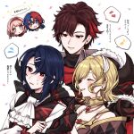  2girls 3boys alcryst_(fire_emblem) alear_(fire_emblem) alear_(male)_(fire_emblem) armor ascot blue_hair citrinne_(fire_emblem) closed_eyes diamant_(fire_emblem) feather_hair_ornament feathers fire_emblem fire_emblem_engage gem gold_trim hair_ornament hairband hairclip highres jewelry lapis_(fire_emblem) misato_hao multicolored_hair multiple_boys multiple_girls necklace open_mouth pink_eyes pink_hair red_eyes redhead short_hair shoulder_armor smile two-tone_hair white_ascot white_background 