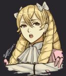  1girl artist_name black_background blonde_hair cm_lynarc crossed_arms drill_hair earrings fire_emblem fire_emblem_awakening hair_ribbon highres jewelry looking_at_viewer maribelle_(fire_emblem) neckerchief open_mouth ribbon solo upper_body 