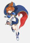  1girl arle_nadja armor blue_cape blue_shirt breastplate brown_hair cape full_body lirio_(nikori9) madou_monogatari one_eye_closed open_mouth ponytail puyopuyo shirt short_sleeves shoulder_armor simple_background solo white_background white_footwear white_shirt yellow_eyes 