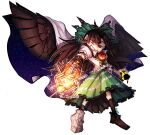  1girl arm_cannon brown_eyes cape chest_jewel chibi full_body green_skirt highres long_hair open_mouth reiuji_utsuho simple_background skirt solo standing tapirsono touhou very_long_hair weapon white_background wings 