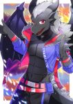  1boy :d belt black_pants black_wings blue_jacket blurry blurry_background commentary_request commission depth_of_field dragon_boy dragon_horns dragon_tail dragon_wings fur-trimmed_jacket fur_trim furry furry_male grey_hair hands_up horns jacket kou_hiyoyo long_sleeves looking_at_viewer male_focus open_clothes open_jacket original pants puffy_long_sleeves puffy_sleeves red_belt red_eyes skeb_commission smile solo tail wings 