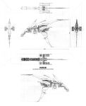  battleship_(eve_online) blueprint_(medium) commentary concept_art eve_online from_side greyscale highres machinery military_vehicle monochrome multiple_views no_humans original reference_sheet science_fiction spacecraft terraldo thrusters 