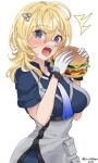  1girl blonde_hair blue_eyes blue_neckerchief blue_shirt blush burger chamumi_(mochiumee) collared_shirt denim denim_skirt eating food gloves gradient_neckerchief gradient_necktie grey_necktie hair_ornament hairclip highres kantai_collection looking_at_viewer medium_hair multicolored_clothes multicolored_gloves neckerchief necktie overskirt shirt simple_background skirt solo tuscaloosa_(kancolle) two-tone_gloves upper_body white_background 