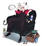  1girl armchair black_footwear black_horns black_pants black_vest blush bottle can chair demon demon_girl demon_horns demon_tail drunk english_text helltaker highres holding holding_bottle horns junyoi malina_(helltaker) pants red_eyes red_shirt shirt sitting speech_bubble tail vest white_hair 