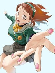  1girl :d absurdres boku_no_hero_academia brown_eyes brown_hair commentary fengling_(furin-jp) green_hairband green_jacket grey_skirt hairband highres jacket looking_at_viewer medium_hair outstretched_arms pleated_skirt ribbon skirt smile solo uraraka_ochako yellow_ribbon 