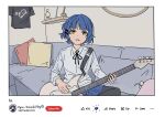  1girl bass_guitar black_ribbon black_shirt blue_hair bocchi_the_rock! commentary couch dress_shirt english_commentary english_text fake_screenshot fake_website flat_color gotoh_hitori_(octopus) hands_up highres holding holding_instrument indoors instrument long_sleeves looking_at_viewer loose_neck_ribbon miranda_sings neck_ribbon nguyen_huy parted_lips pillow real_life ribbon shelf shirt short_hair sitting solo straight-on video_thumbnail white_shirt yamada_ryo yellow_eyes youtube 