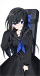  1girl black_hair black_sailor_collar black_shirt black_skirt black_survival blue_bow blue_eyes blue_neckerchief bow character_request closed_mouth cowboy_shot eternal_return:_black_survival hair_bow hi_i_dubu highres long_hair long_sleeves neckerchief sailor_collar school_uniform serafuku shirt simple_background skirt smile solo very_long_hair white_background 