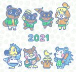  1other 2021 2girls 6+boys animal_crossing animal_ears apron arm_up arms_up artist_request beak belt bird bird_wings blathers_(animal_crossing) blush book bow bowtie buttons closed_eyes closed_jacket dodo_(bird) dog dog_ears dog_tail flag furry furry_female furry_male furry_with_furry furry_with_non-furry green_bow green_bowtie green_jacket green_skirt hand_up hardhat head_tilt hedgehog hedgehog_ears hedgehog_tail helmet highres holding holding_book holding_flag interspecies isabelle_(animal_crossing) jacket jumping leaf leg_up lloid long_sleeves looking_to_the_side mabel_able_(animal_crossing) multiple_boys multiple_girls necktie nintendo no_humans no_mouth official_art open_clothes open_jacket orange_shirt orange_sweater orville_(animal_crossing) owl pants pastel_colors pocket raccoon_ears raccoon_tail red_necktie shirt short_sleeves siblings simple_background skirt standing sweater tail tanuki timmy_(animal_crossing) tom_nook_(animal_crossing) tommy_(animal_crossing) twins white_pants white_shirt wings 