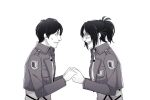  1boy 1other commentary english_commentary eren_yeager glasses greyscale hand_grab hange_zoe hanpetos jacket monochrome open_mouth ponytail shingeki_no_kyojin smile survey_corps_(emblem) sweatdrop 