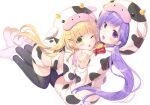  2girls :d :o animal_ears animal_hood animal_print bell between_breasts black_thighhighs blonde_hair blush bow bra breasts commentary_request cow cow_ears cow_horns cow_print cowbell cropped_hoodie eyelashes eyes_visible_through_hair fingernails floating_hair foreshortening full_body green_eyes hair_between_eyes hair_ornament head_between_breasts holding_hands hood hoodie horns hoshimame_mana hug interlocked_fingers kneeling large_breasts long_hair looking_at_viewer low_twintails mizuori_shizuku multiple_girls open_mouth pink_bra pink_footwear purple_hair red_bow shorts simple_background sitting skindentation smile sparkle summer_pockets thigh-highs thighs tsumugi_wenders twintails underwear very_long_hair violet_eyes white_background white_hoodie white_shorts wings x_hair_ornament yuri 