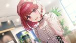  1girl arima_kana beret blush cup dutch_angle hair_tucking hat holding holding_cup idolmaster idolmaster_shiny_colors indoors lens_flare official_art oshi_no_ko patterned_clothing red_eyes redhead see-through see-through_sleeves short_hair smile solo upper_body vending_machine 