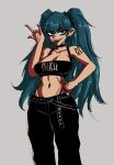  absurdres black_choker blue_hair choker crazy_smile crop_top gothic hagane_miku hatsune_miku highres navel_piercing piercing sharp_teeth tattoo teeth tongue_piercing vocaloid 