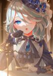  1girl asymmetrical_gloves black_gloves blue_bow blue_eyes blue_headwear blue_jabot blue_shirt blush bow brooch frilled_shirt frills furina_(genshin_impact) genshin_impact gloves grey_hair hair_between_eyes hair_over_one_eye hand_on_own_cheek hand_on_own_face harushio hat hat_bow head_tilt highres jewelry long_hair long_sleeves looking_at_viewer mini_hat mini_top_hat mismatched_gloves one_eye_covered shirt sidelocks solo straight-on straight_hair top_hat upper_body white_gloves 