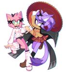  2girls amy_rose black_bow blaze_the_cat bow brown_footwear buruma cape cat_girl cosplay eyelashes forehead_jewel green_eyes hibari_(senran_kagura) hibari_(senran_kagura)_(cosplay) highres holding holding_umbrella jacket leg_warmers minxinq multiple_girls pink_fur ponytail purple_fur school_uniform senran_kagura smile socks sonic_(series) umbrella yagyuu_(senran_kagura) yagyuu_(senran_kagura)_(cosplay) yellow_eyes 