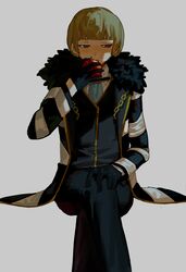  1boy absurdres apple black_coat black_gloves black_pants black_vest blue_eyes blue_necktie brown_hair coat collared_shirt commentary_request e.g.o_(project_moon) eating employee_(lobotomy_corporation) food fruit fur-trimmed_coat fur_trim gloves grey_background h1_(547952) highres holding holding_food holding_fruit invisible_chair lobotomy_corporation long_sleeves male_focus necktie open_clothes open_coat pants project_moon shirt short_hair simple_background sitting solo vest white_shirt 