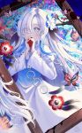  1girl abstract_background blood blood_stain blue_dress blue_hair branch bug butterfly creature dress familiar flower grey_eyes hair_flower hair_ornament hair_over_one_eye highres isekai_joucho kamitsubaki_studio long_hair long_sleeves multicolored_hair own_hands_together picture_frame solo two-tone_dress two-tone_hair upper_body virtual_youtuber white_dress white_hair yang_yang030 