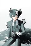  1boy absurdres animal_print ascot black_ascot black_eyes black_hair black_jacket black_pants butterfly_hair_ornament butterfly_print collared_shirt e.g.o_(project_moon) gloves hair_ornament hi_i_dubu highres jacket limbus_company long_sleeves looking_at_viewer pants parted_lips project_moon shirt simple_background sitting solo white_background white_gloves white_shirt wing_collar yi-sang_(limbus_company) 