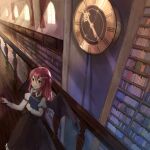  bo_cota book bookshelf clock curtains hallway highres koakuma library railing roman_numeral sunlight touhou window_shade wooden_floor wooden_railing 