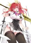  1girl black_thighhighs breasts dress garter_straps hair_ornament hair_ribbon highres holding holding_sword holding_weapon katana large_breasts official_art open_mouth rakudai_kishi_no_cavalry red_eyes redhead ribbon saitou_(painfotsai) solo stella_vermillion sword thigh-highs twintails weapon 