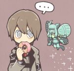  ... 1boy 1girl @_@ ahoge brown_background brown_hair brown_jacket brown_vest colored_skin commentary_request doughnut drooling e.g.o_(project_moon) eating employee_(lobotomy_corporation) extra_arms fairy fairy_festival food green_hair green_skin grey_eyes hatake_shimeji holding holding_food jacket lobotomy_corporation long_sleeves lowres mouth_drool necktie no_nose o_o open_clothes open_jacket open_mouth project_moon red_necktie shirt short_hair simple_background sparkle spoken_ellipsis upper_body vest white_shirt wings 