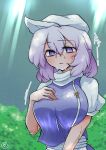 1girl breasts commentary highres lapel_pin large_breasts letty_whiterock light_purple_hair light_rays looking_at_viewer outdoors parted_lips scavia10 short_sleeves solo sweat touhou upper_body violet_eyes white_headwear 