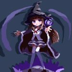  1girl birdman46049238 blunt_bangs brown_hair cape crystal dress hat highres long_hair looking_at_viewer original parted_lips pixel_art purple_cape purple_dress solo thigh-highs violet_eyes white_thighhighs witch_hat 