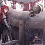  2girls bo_cota book book_stack bookshelf clock clockwork curtains day desk gears hallway highres holding holding_book koakuma library multiple_girls patchouli_knowledge phonograph railing roman_numeral shadow sunlight touhou window_shade wooden_floor wooden_railing 