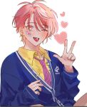  1boy blue_cardigan cardigan collared_shirt earrings h4td4 heart jewelry long_sleeves looking_at_viewer male_focus maruyama_reo necktie one_eye_closed paradox_live pink_eyes pink_hair red_necktie shirt short_hair smile solo sticker_on_face tongue tongue_out white_background yellow_shirt 