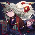  1girl commentary_request fingernails flower full_moon green_hair horns japanese_clothes kimono kusanagi_nene long_hair long_sleeves looking_at_viewer moon oni_horns parted_lips petals project_sekai raika_(bc1rub8tpr5jp2l) red_nails solo upper_body violet_eyes 
