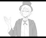  1boy closed_mouth collared_shirt commentary cross_tie double-parted_bangs hand_up hat hk_(wgyz7222) kamishiro_rui letterboxed long_sleeves looking_at_viewer male_focus monochrome multicolored_hair project_sekai shirt short_hair smile solo streaked_hair top_hat two-tone_hair upper_body white_background 