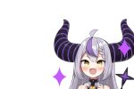  1girl :d ahoge black_horns blush braid braided_bangs demon_girl demon_horns fang grey_hair highres hololive horns huge_horns la+_darknesss la+_darknesss_(1st_costume) long_hair multicolored_hair pointy_ears purple_hair seigan_subaru skin_fang sleeveless slit_pupils smile solo streaked_hair striped_horns upper_body virtual_youtuber yellow_eyes 