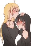  2girls ahoge black_hair blonde_hair blouse blush bocchi_the_rock! breasts choker closed_eyes collarbone earrings embarrassed green_eyes hand_on_another&#039;s_head highres ijichi_seika jewelry kissing_hair long_hair medium_breasts momuri18 multiple_girls open_mouth pa-san shirt simple_background sweatdrop upper_body white_background yuri 